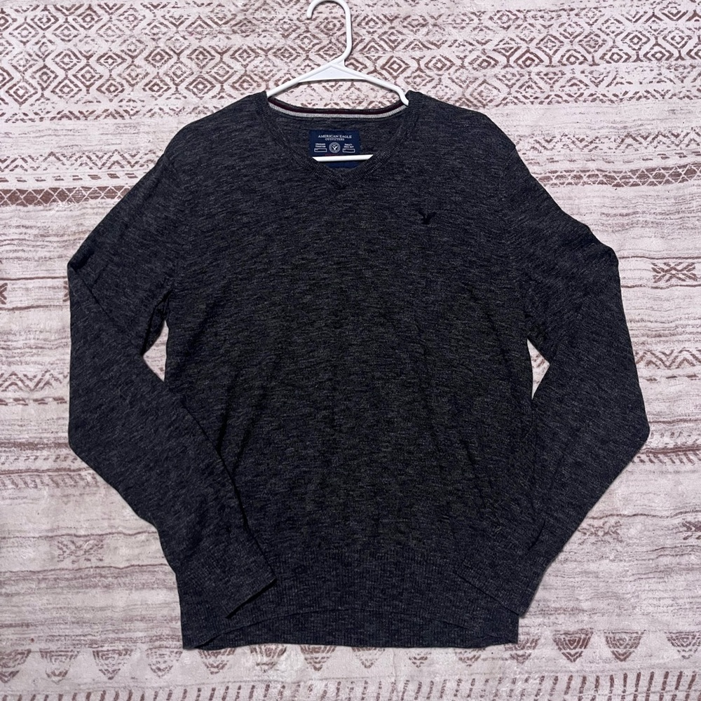 American Eagle Outfitters Logo Mens Beige 100% Cotton Ribbed V-Neck Sweater  Med